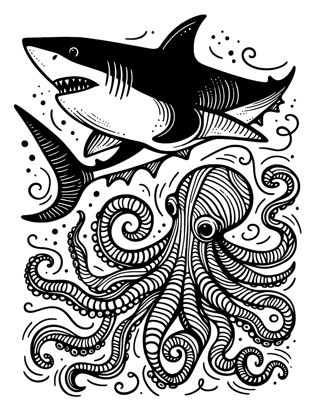 Coloring page of great white shark and octopus | PageCrayon