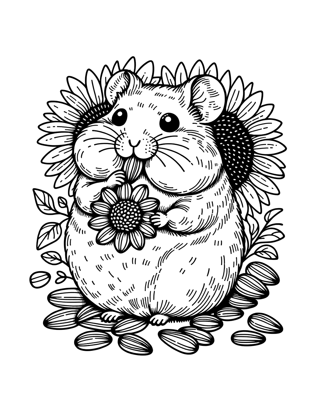 Syrian hamster eating sunflower seeds, Coloring Page, black and white,