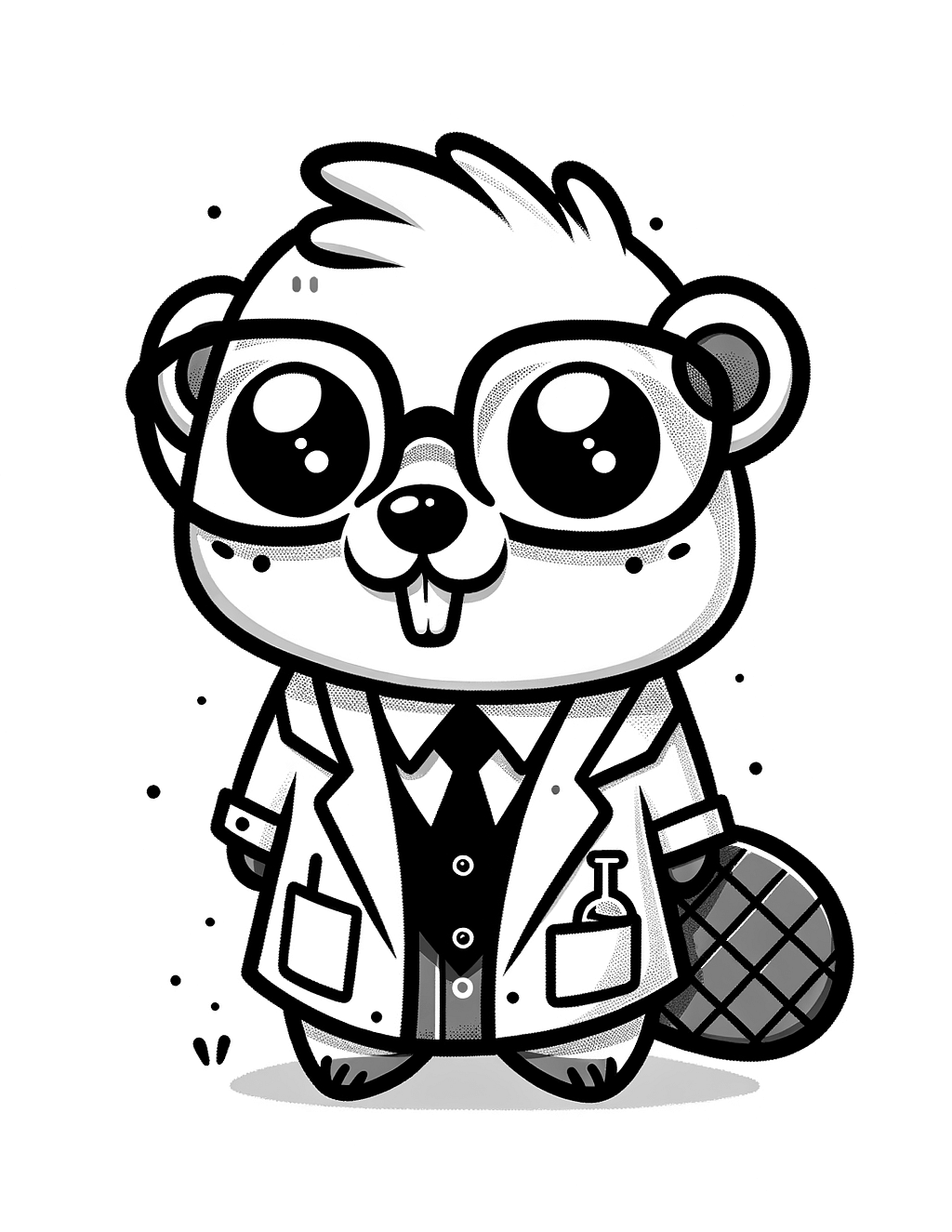 A cute cartoon beaver in a lab coat