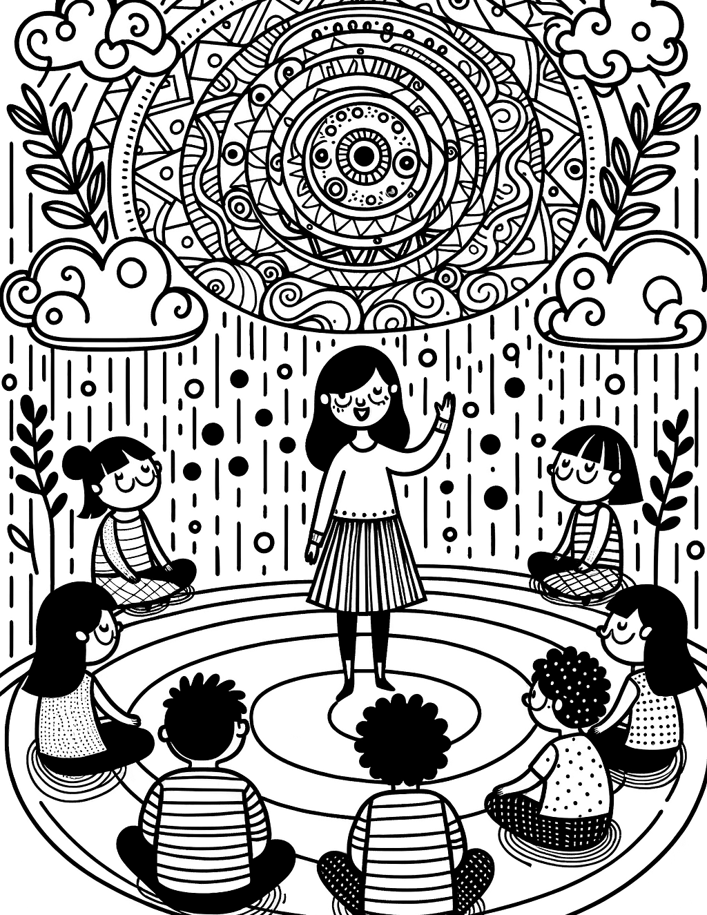 Coloring page for kids that depicts circle time with preschoolers and a teacher