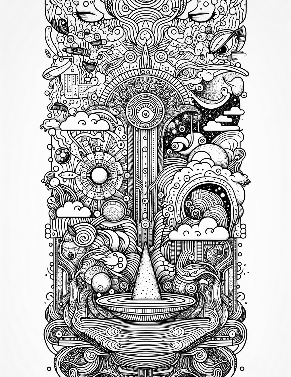 Create a surrealistic mandala inspired by dreams and subconscious imagery, incorporating surreal elements like floating objects, distorted perspectives, and symbolic motifs.