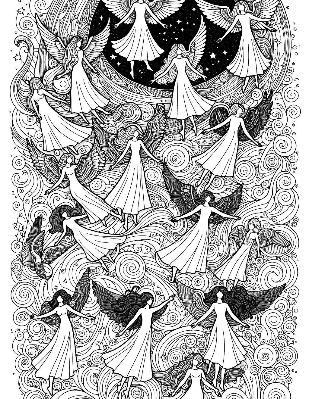 Realistic angels flying in swirling sky