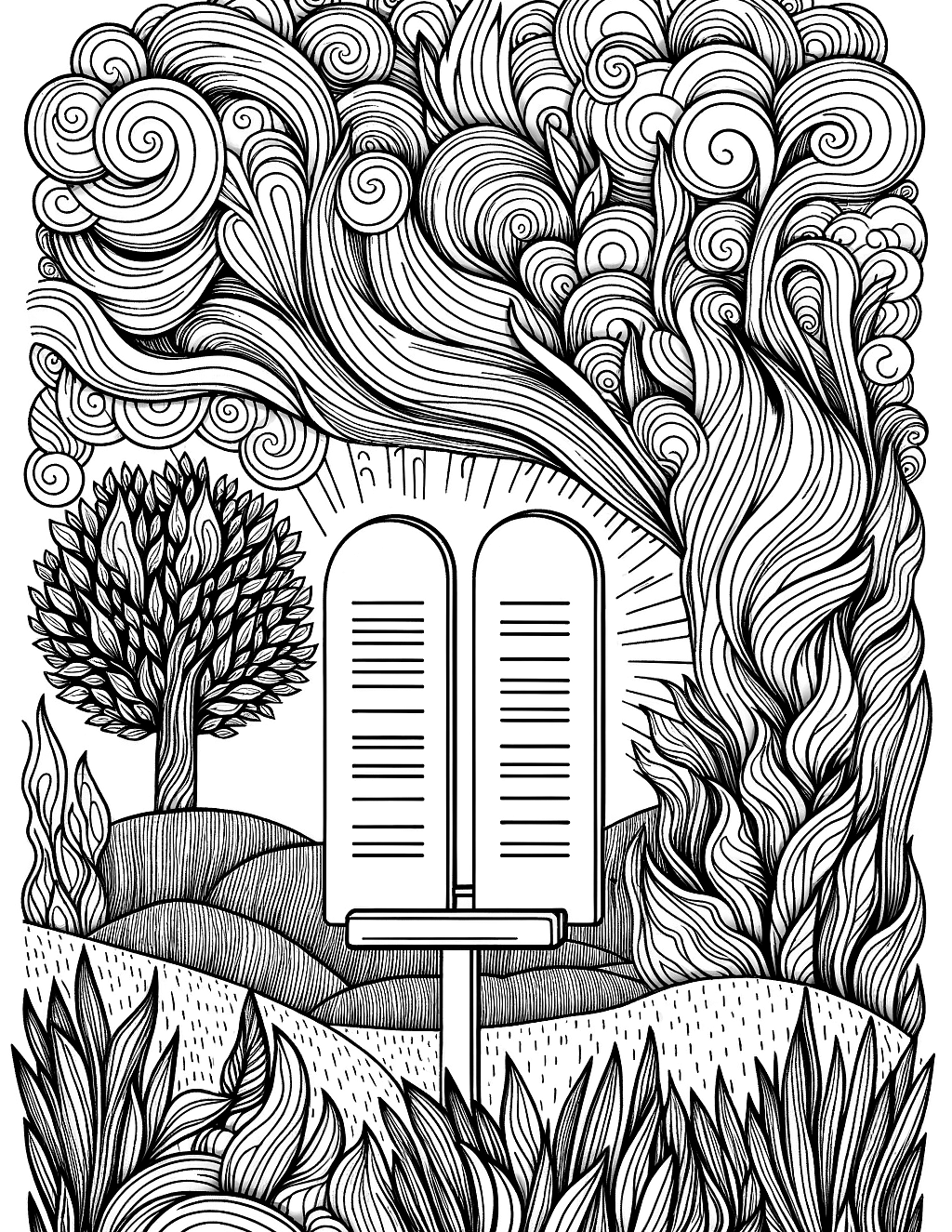 the ten commandments tablet with burning bush and swirling sky in background