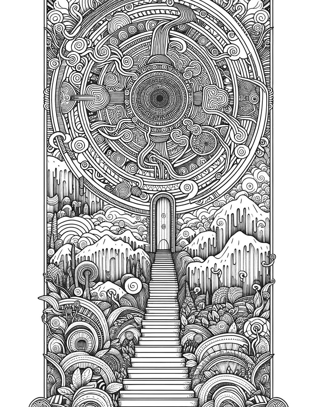 Design a mandala that represents the journey through the mind's labyrinth, featuring intricate pathways, hidden doors, and surreal landscapes.
