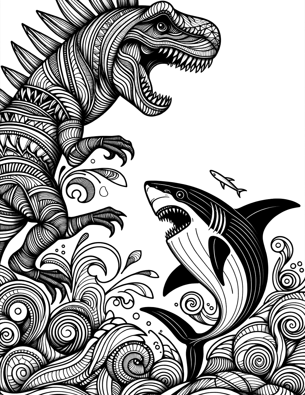 Coloring page of tyrannosaurus rex fighting a great white shark ...