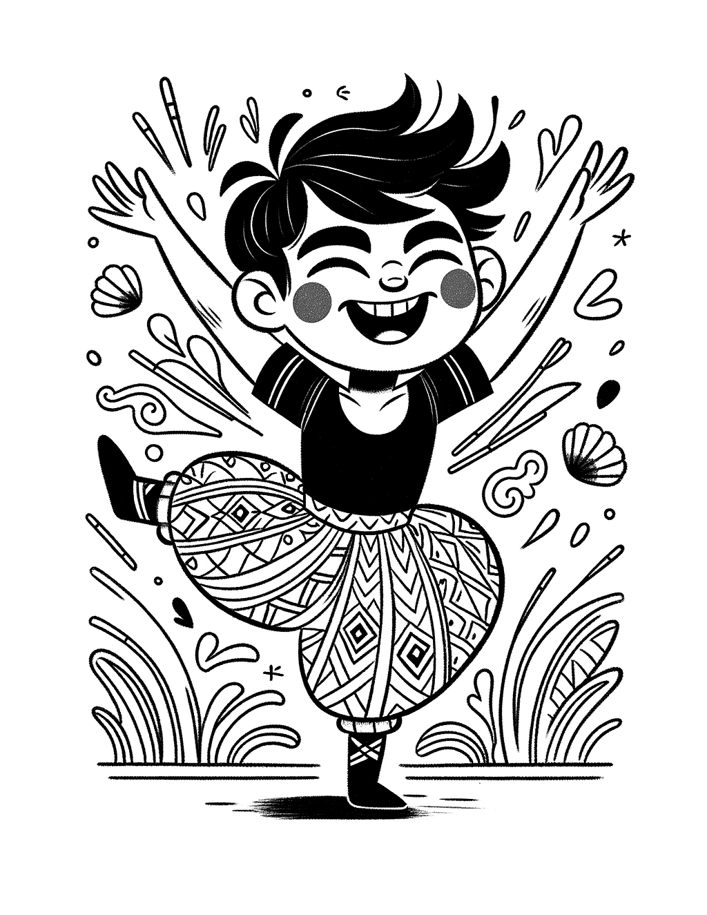 happy little boy dancing in ballet classes coloring page for kids