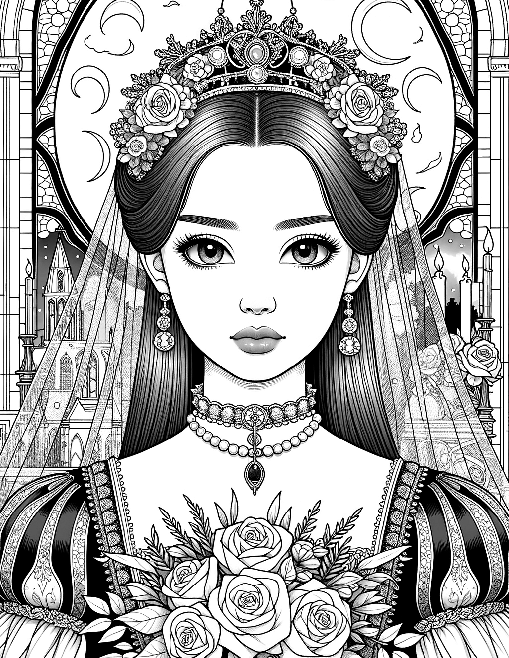 Coloring page of tudor princess teenager beautiful oval face sharp