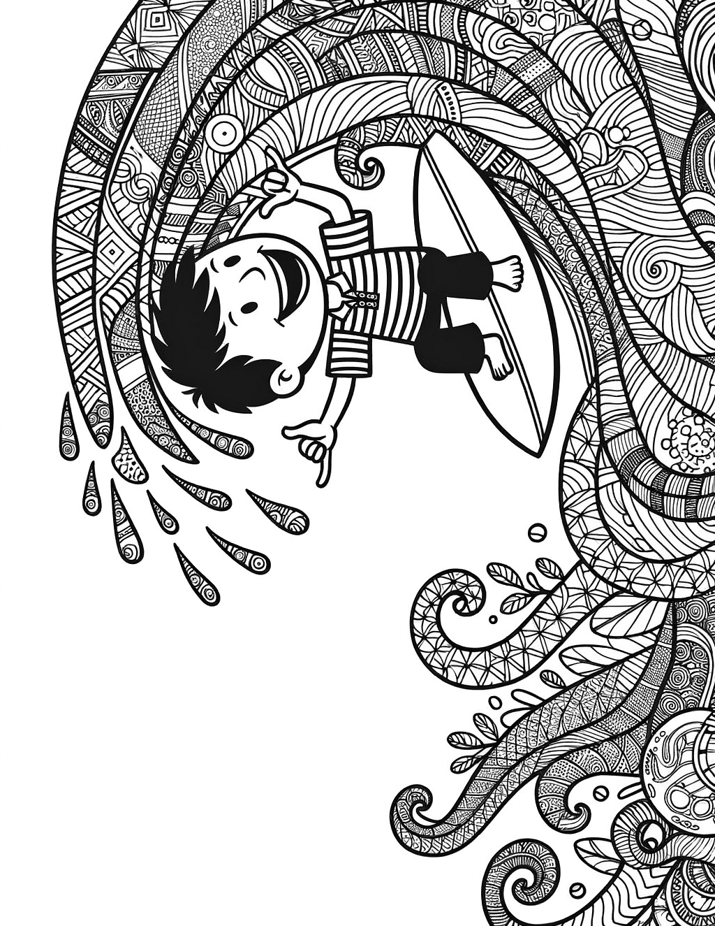 little boy surfing coloring page for kids 