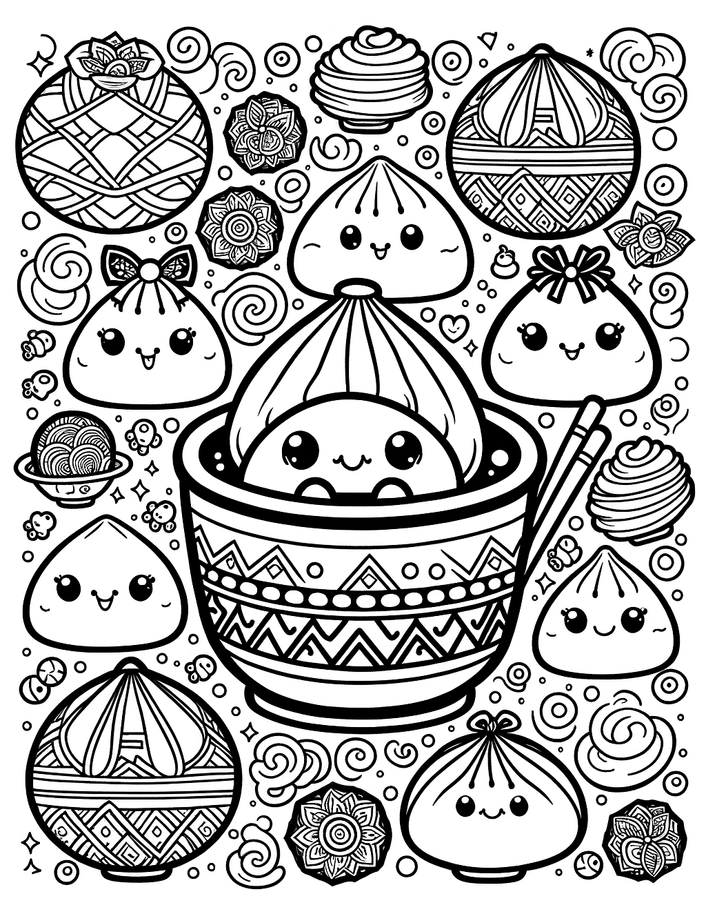 Coloring page of cute chibi kawaii dumplings | PageCrayon, image size:1024x1325