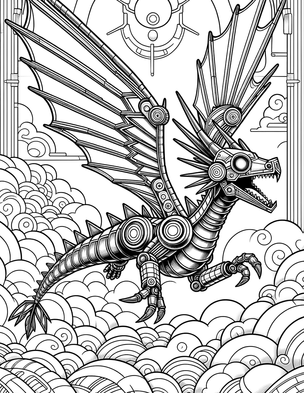 Robo-Dragon: A dragon with metallic scales and glowing eyes, soaring through the skies with wings spread wide.
