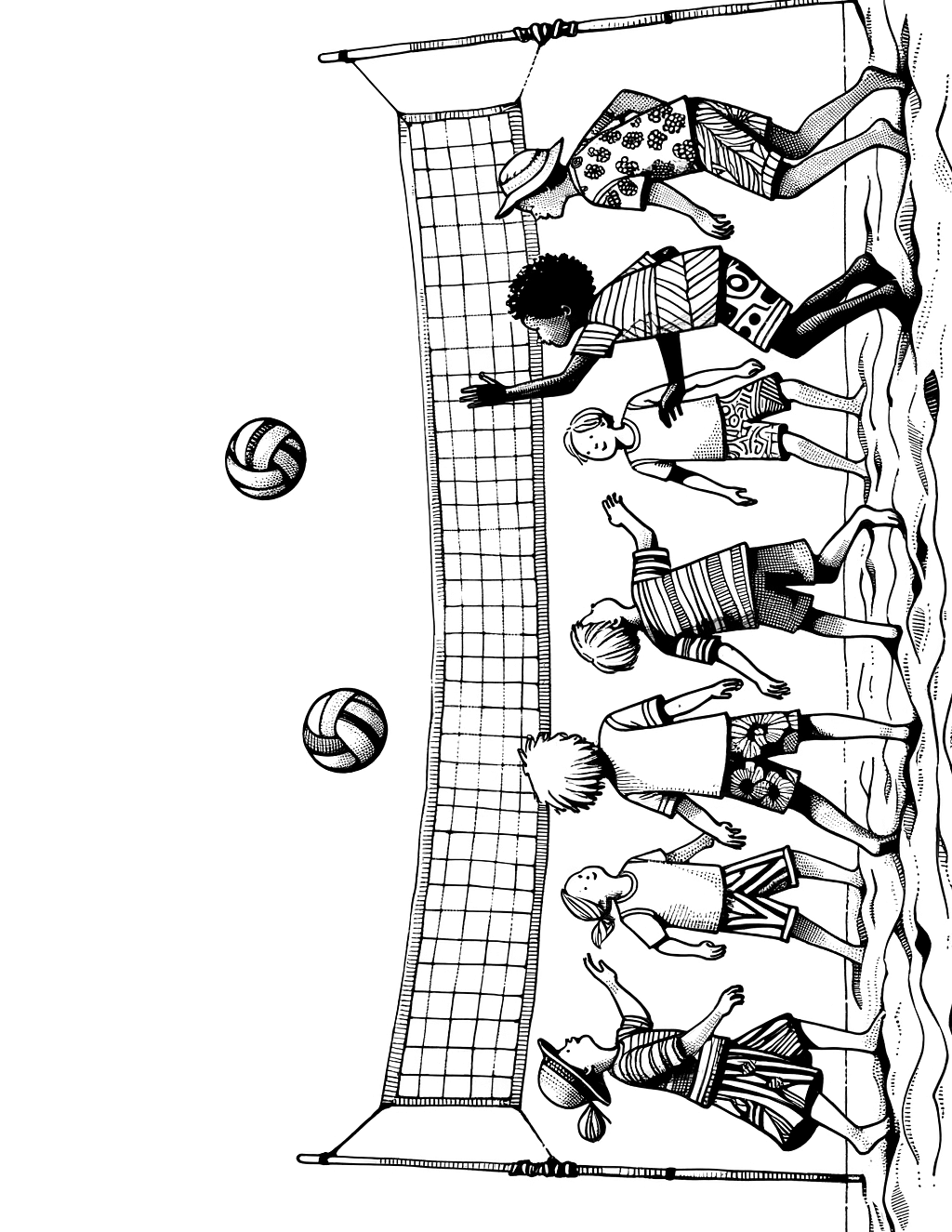 team of kids playing beach volleyball at beach coloring page for kids