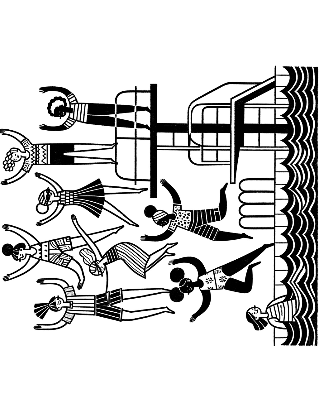 girls team diving off board into pool coloring page for kids 