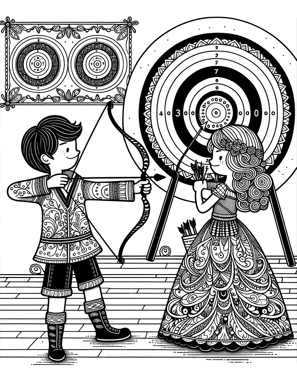 little boy and girl archery competition with target for kids